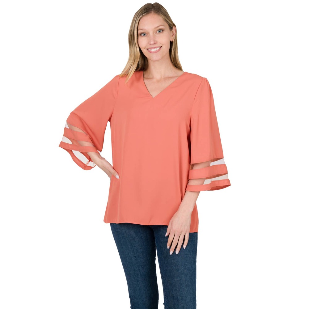 ZENANA WOMEN'S WOVEN MESH PANEL 3/4 BELL SLEEVE TOP ASH ROSE